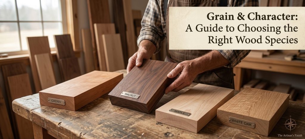 The foundation of your design. An artisan presents samples of raw Walnut, Cherry, Maple, and White Oak, showcasing the varied grain patterns that define the character of your finished cabinetry.