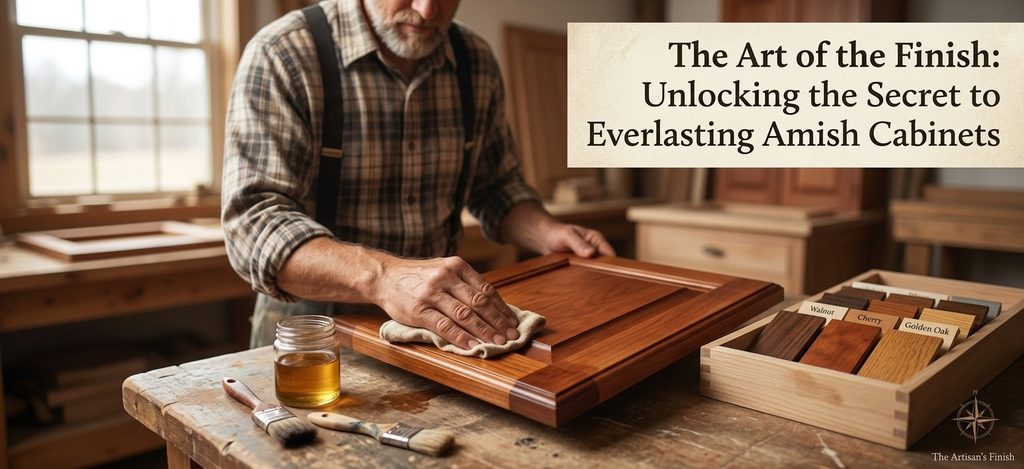 An artisan carefully applies a hand-rubbed finish, a crucial step in ensuring the durability of Amish-built cabinetry. Featured image by Amish Cabinet Factory.