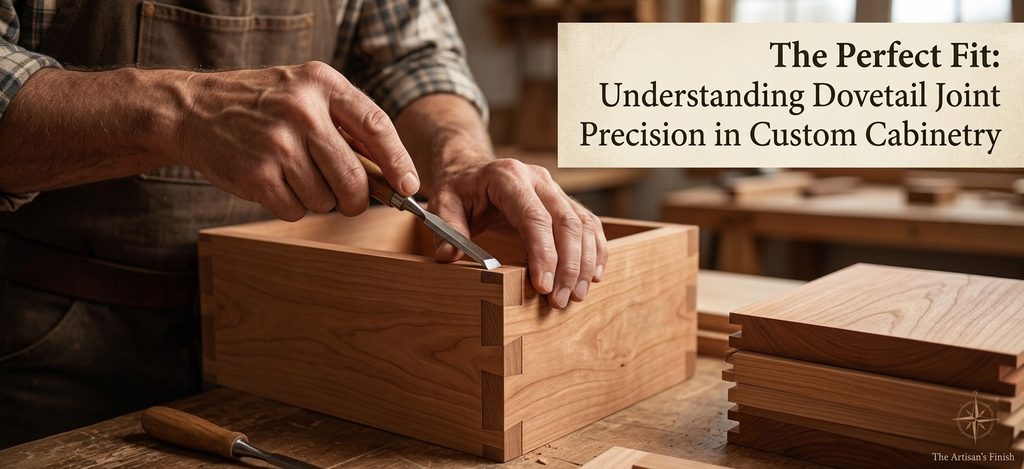 Precision in progress. An artisan uses a specialized chisel to pair the pins of a dovetail joint in cherry wood, ensuring a perfect, interlocking fit.